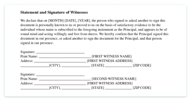 Living Will Statement & signature of witnesses