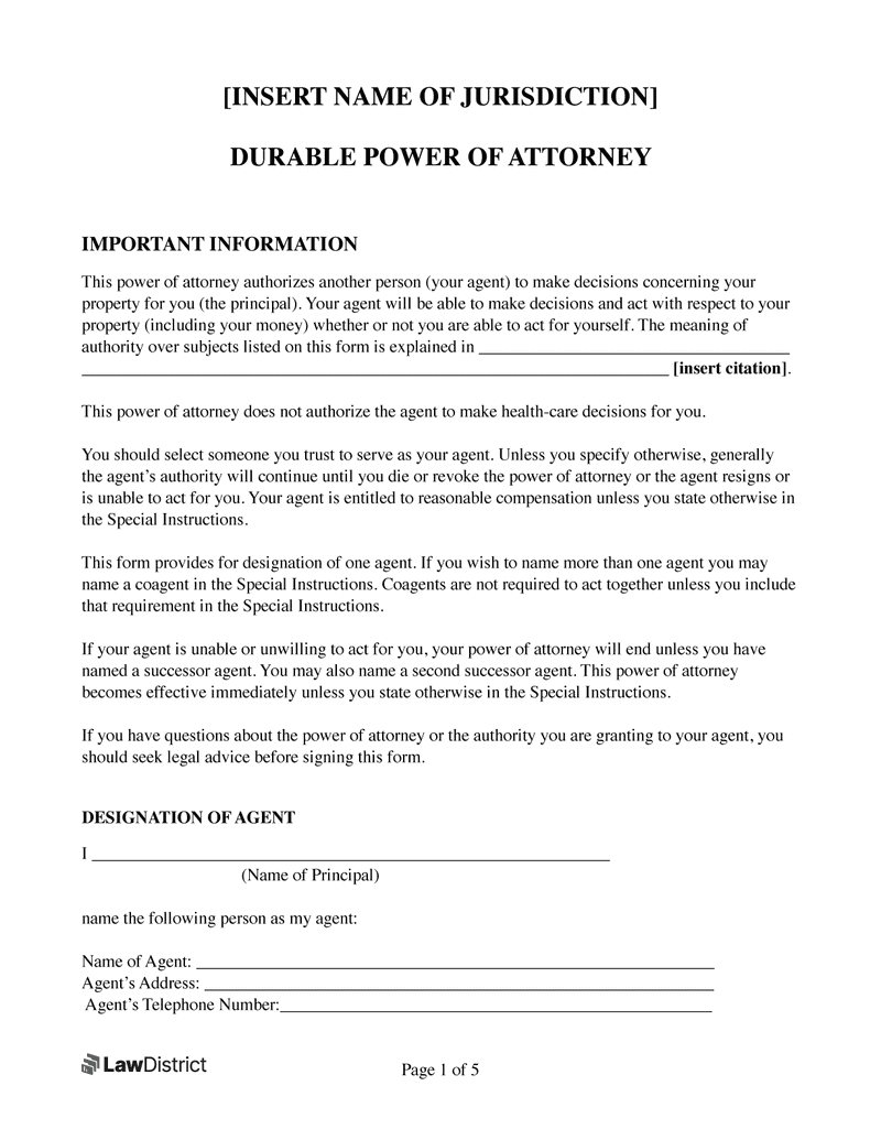 Free Durable (Financial) Power of Attorney (DPOA) | LawDistrict
