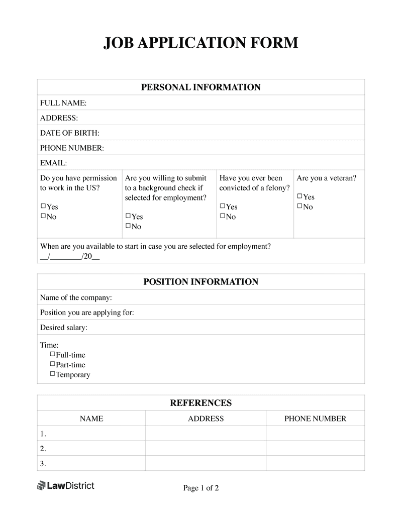 sample employment application template